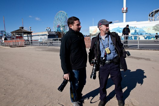 Daily News photographers Joe Marino (L) and Todd Maisel (R) at Coney Island looking into a DOA at Coney Island.
